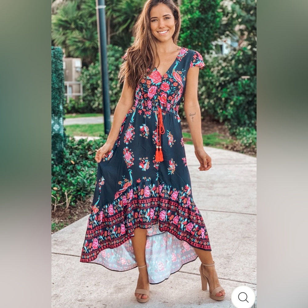 R.Vivimos Black Red Pink Peacock/Floral Dress